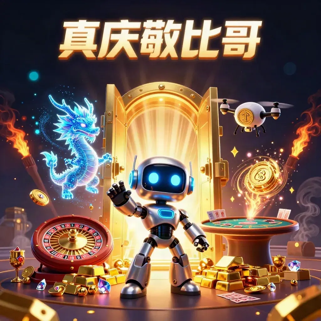 Cyberpunk robot, holographic dragon and coin drone amid gold vault explosion in dark casino glam.