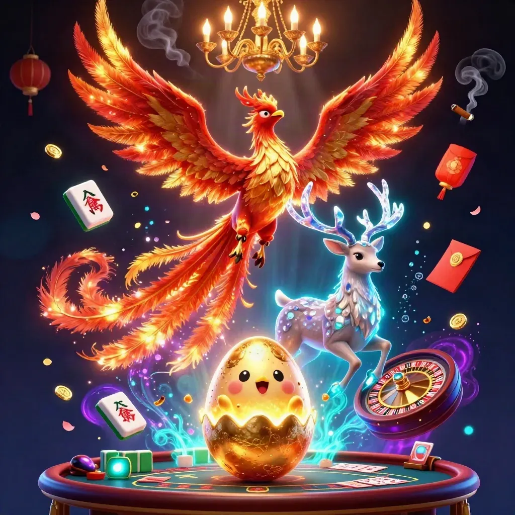 Phoenix, baby phoenix, and stag amid casino magic, lanterns, jade coins, and a glowing roulette wheel.