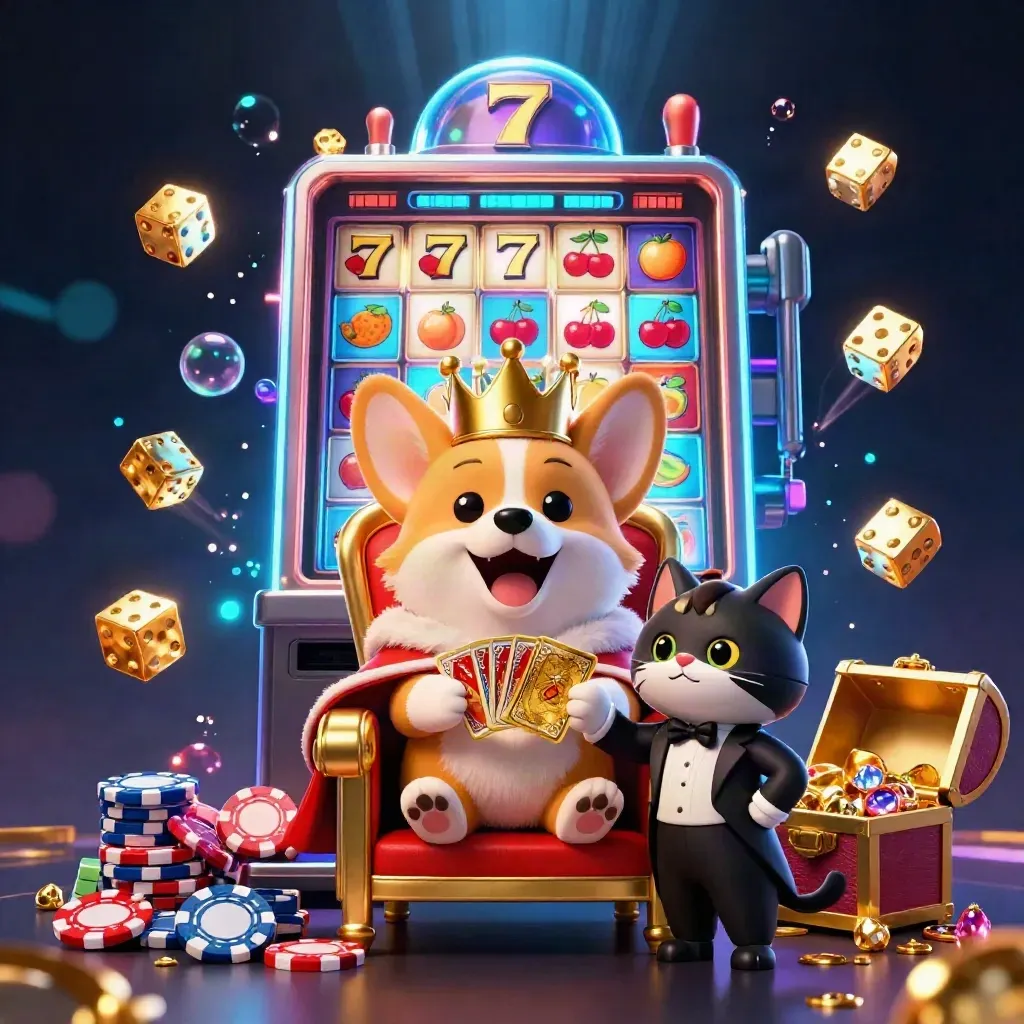 Royal corgi king and cat butler amid a jackpot burst, gold chest, cyan glow, casino glam
