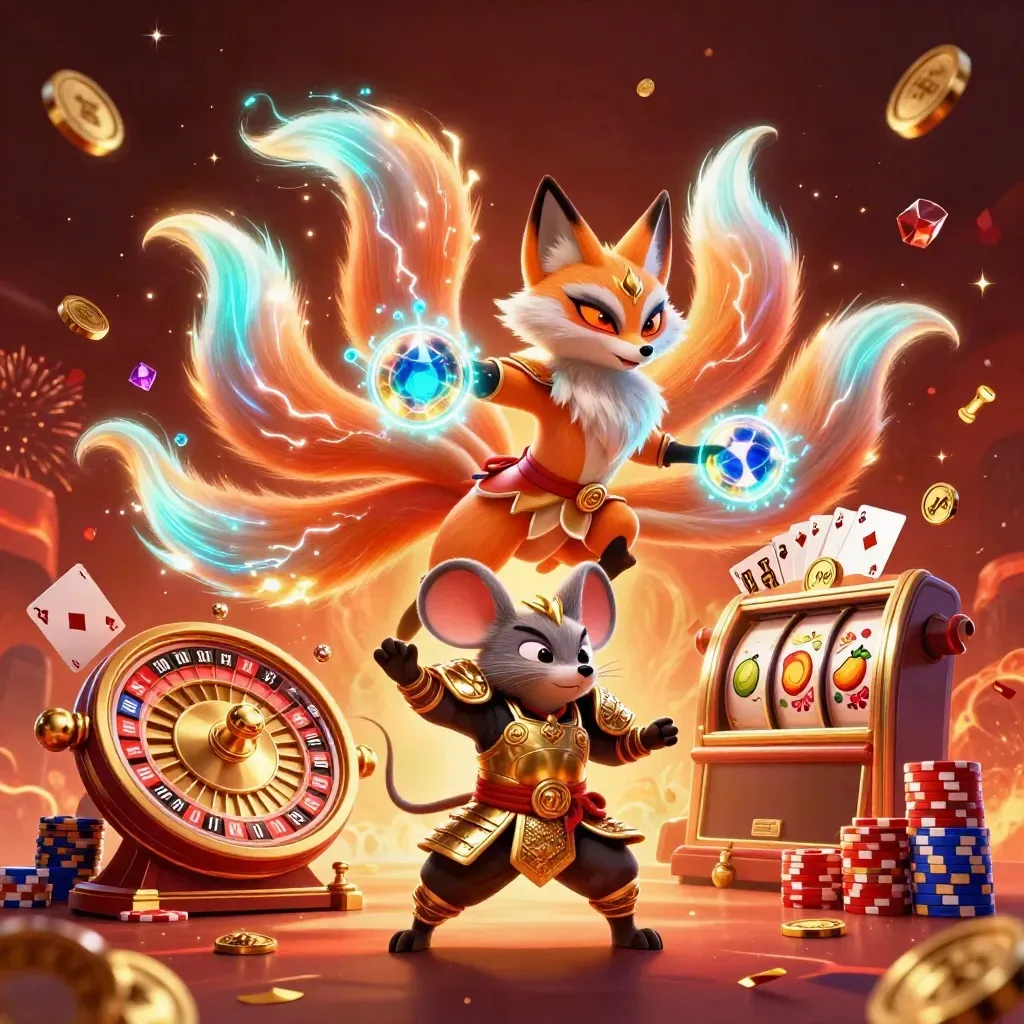 Fox spirit and samurai mouse amid gold coins, gems, roulette wheel, chips, and neon magic.