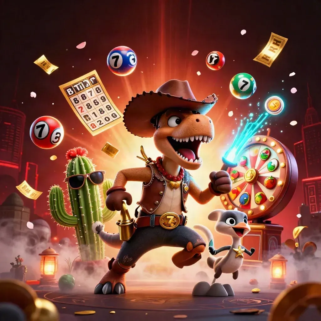 Cowboy T-Rex trio bursts amid casino loot, neon lights, and flying tickets in a dark glam splash.