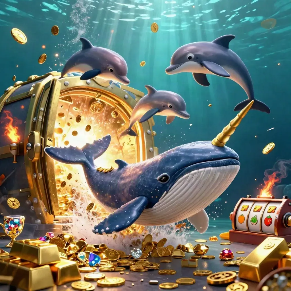 Whale captain, narwhal, and dolphins erupt from coins as a vault bursts with gold.