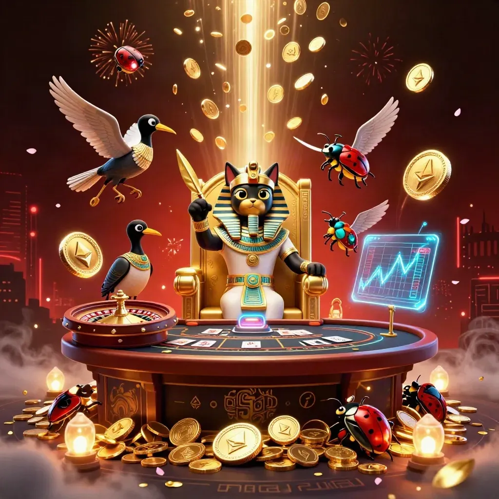 Pharaoh cat, ibis scribe, and gem-winged scarabs amid gold coins, crypto glow, cards, and fireworks.
