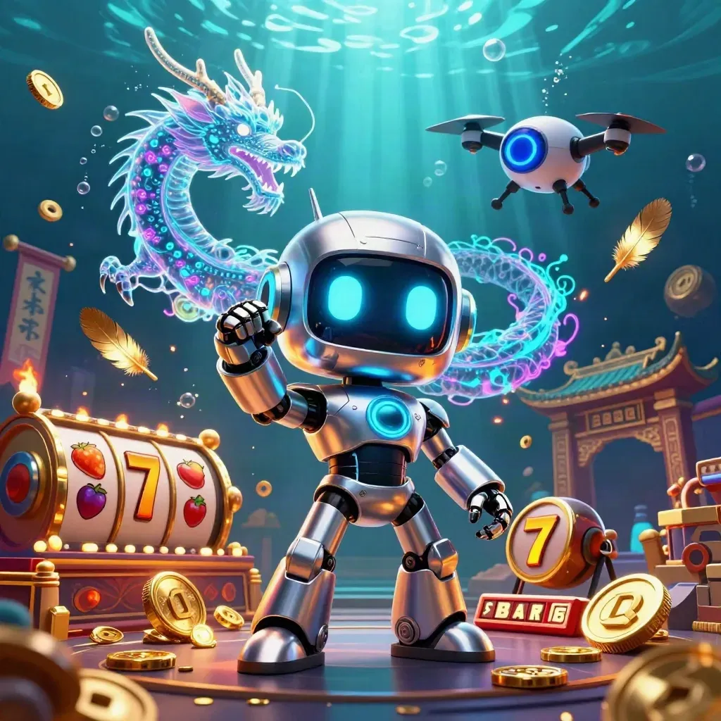 Cyberpunk robot, holo dragon and coin drone in an underwater casino key-art scene.