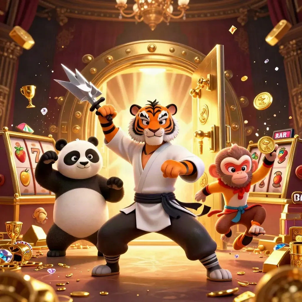 Kung-fu tiger, panda, and monkey by a glowing gold vault with casino symbols bursting out.