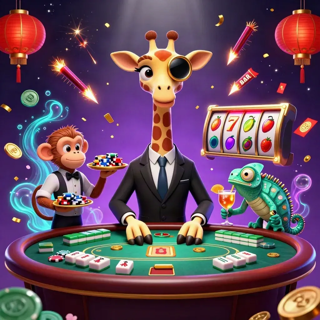 Giraffe, monkey valet, and chameleon bartender at a glowing VIP poker table, luxe casino splash