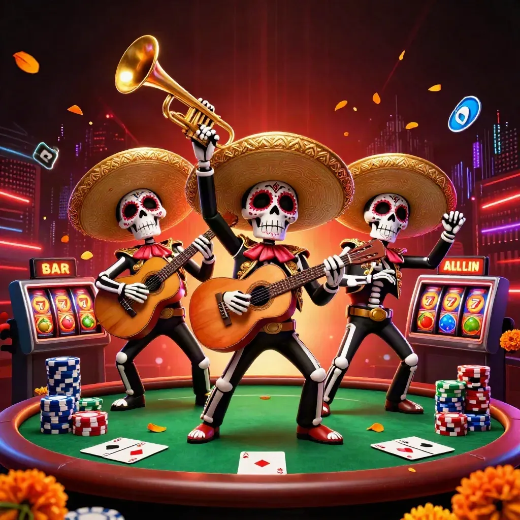 Skeleton mariachi trio over casino cards, chips, reels, and neon crimson energy.